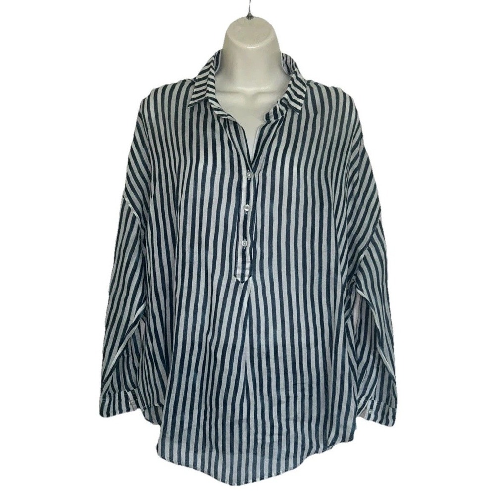 Striped Collared Button-Front Blouse - Navy & White